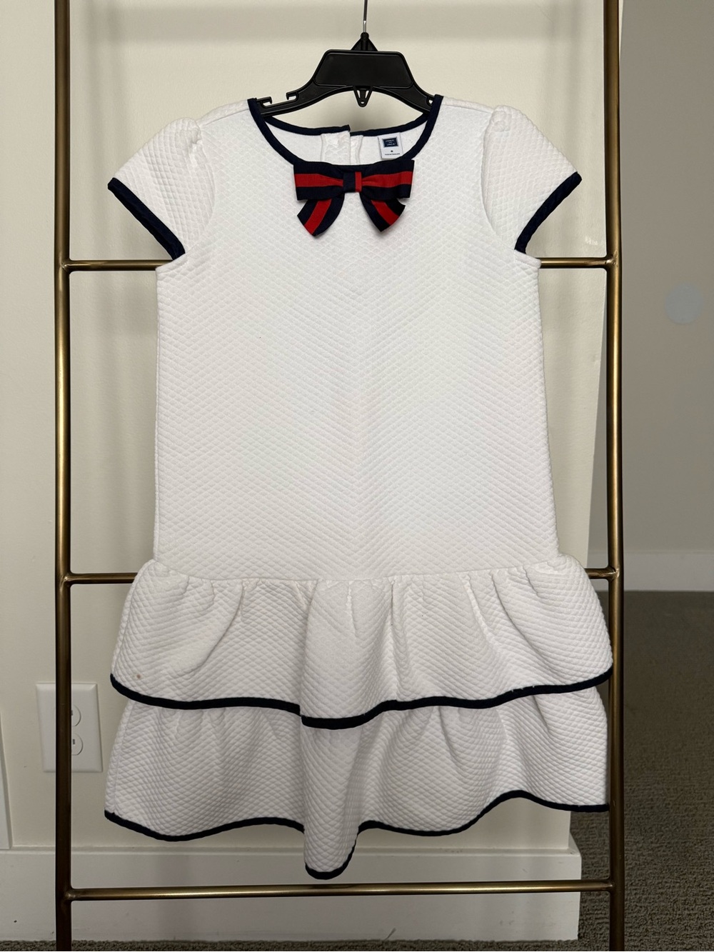 Janie and Jack White Quilted Tiered Dress with Navy and Red Bow